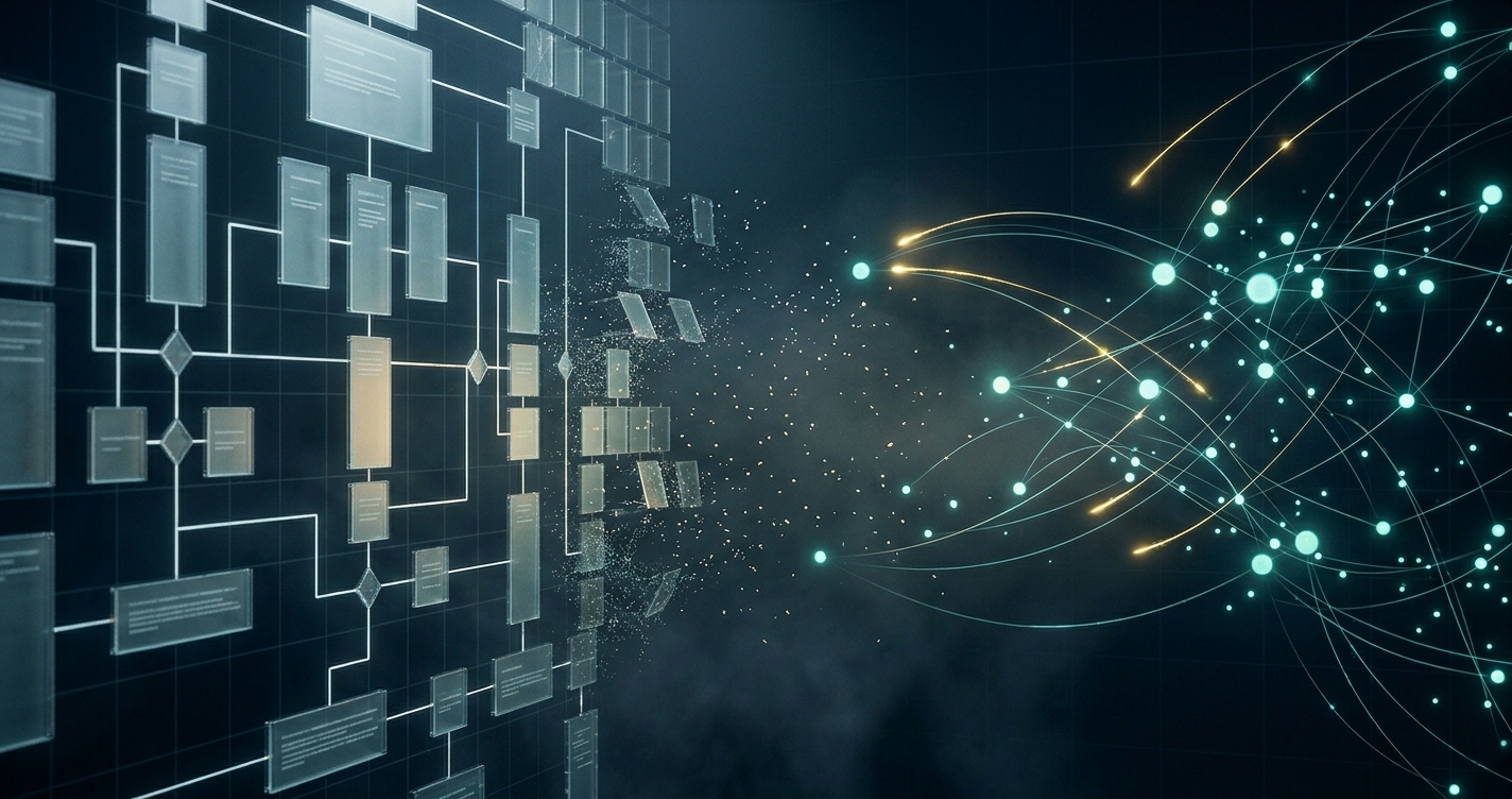 Rigid marketing automation flowchart dissolving into a luminous autonomous marketing neural network — the architectural shift from rule-based workflows to intelligent, self-optimizing campaign systems