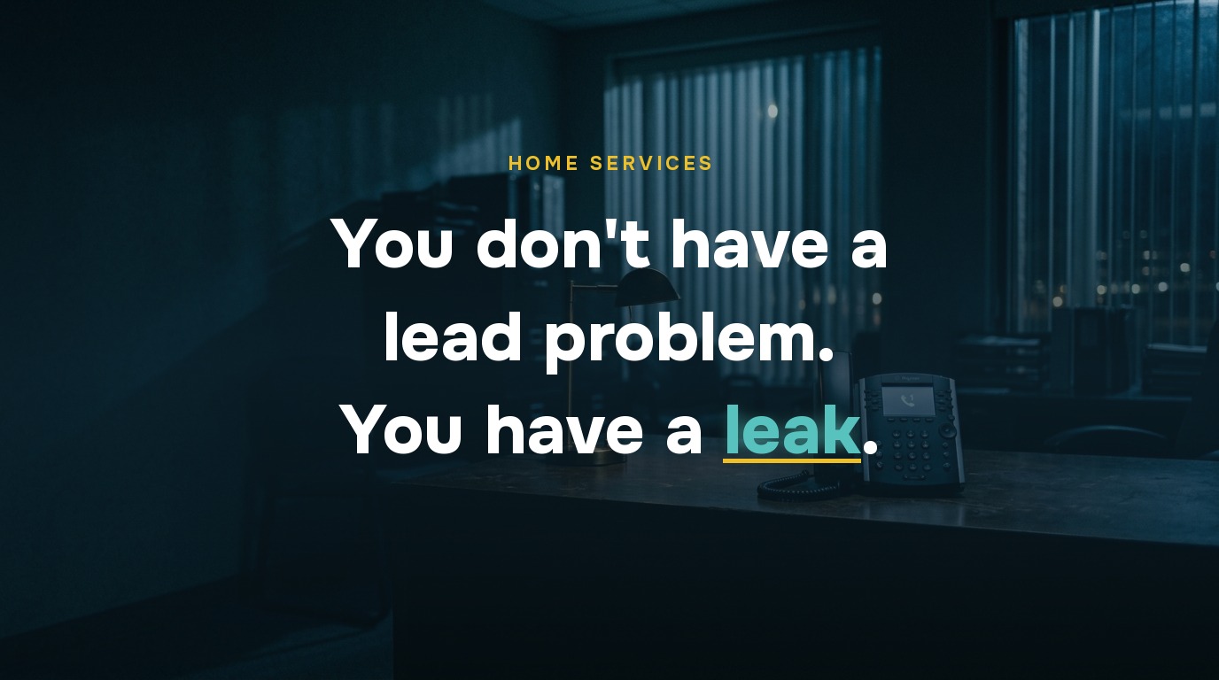 Dark empty home services office at 1am with an unanswered desk phone, illustrating lead leakage from missed after-hours calls